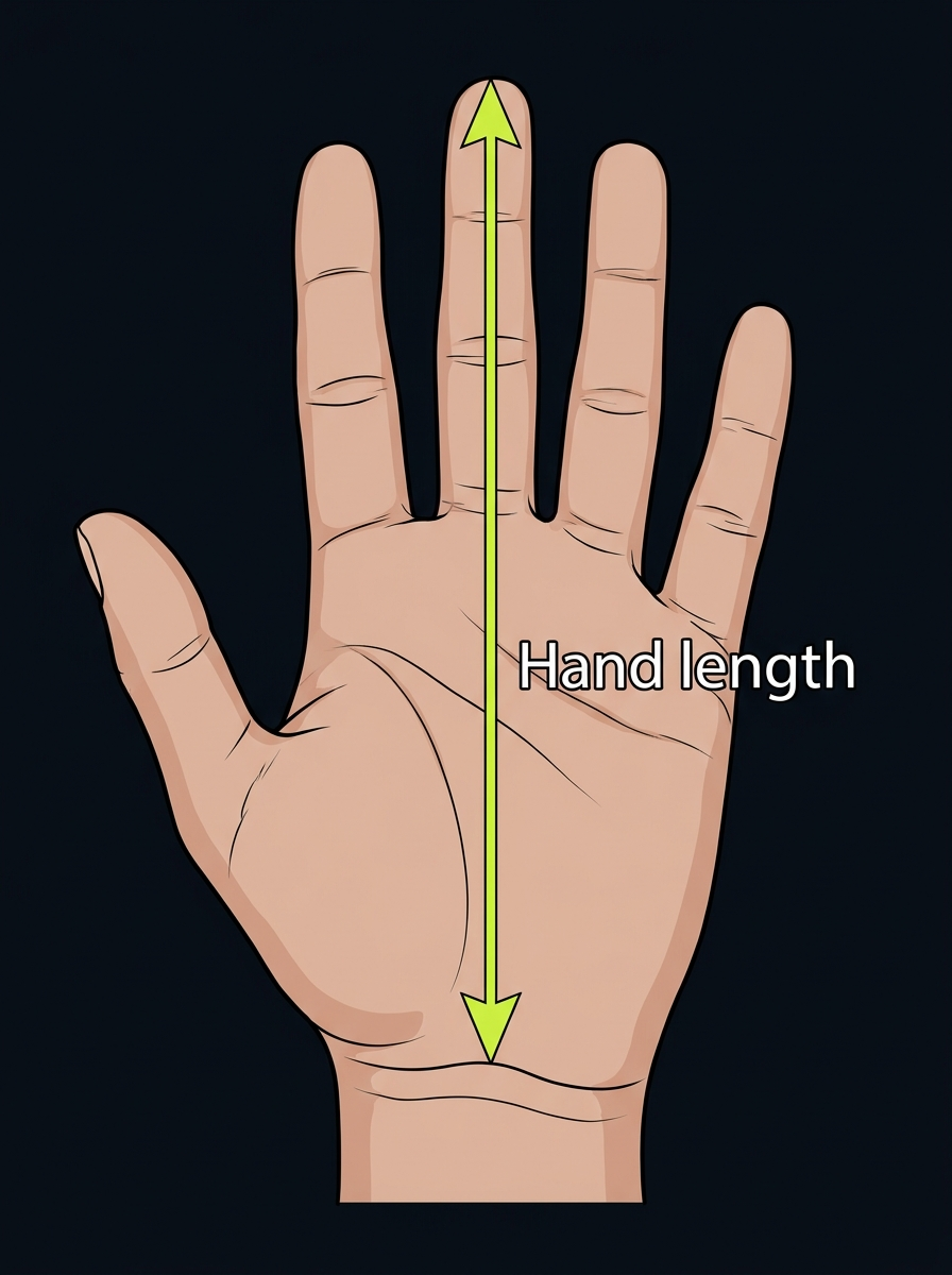 Hand measurement diagram — tip of middle finger to base of palm